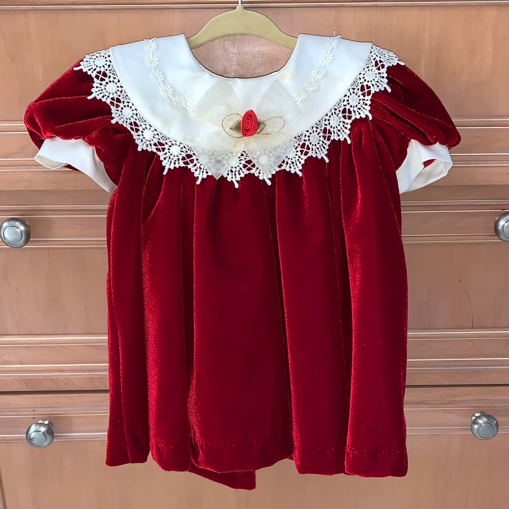VINTAGE Red Velvet Baby Dress with Lace Collar